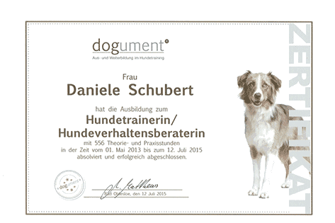 Zertifikat für Daniele Schubert als Hundetrainerin
